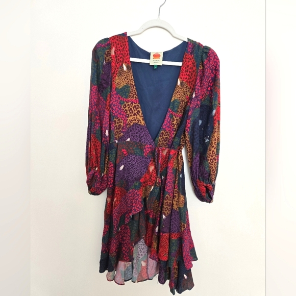Farm Rio ruffled cheeta print wrap dress long sleeve | size Small - Picture 1 of 7